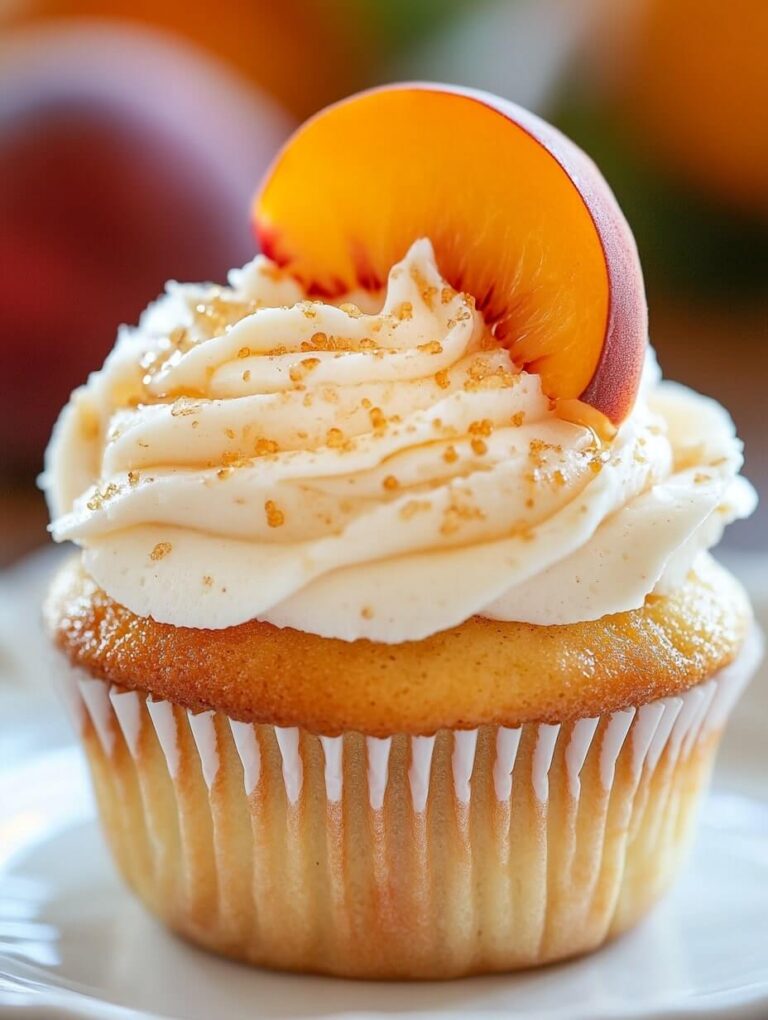 Close-Up of a Peach-Infused Cupcake with Golden Sugar Crystals