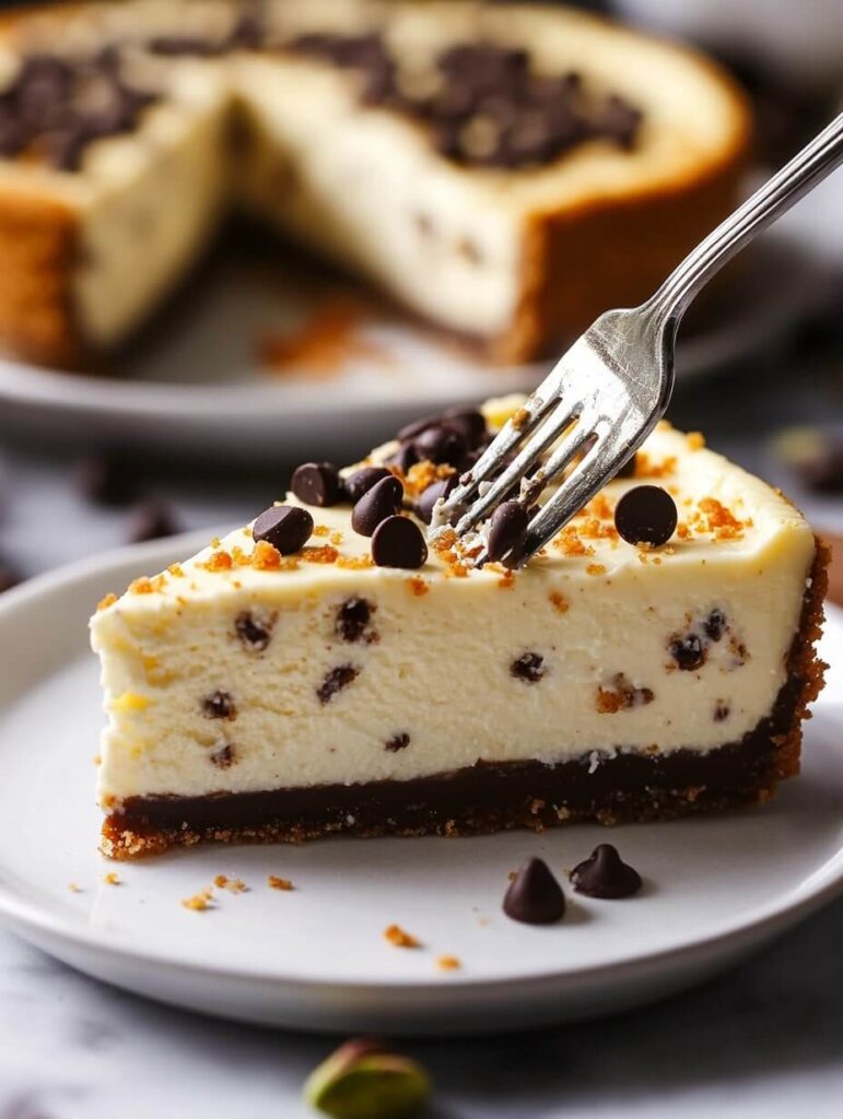 Close-Up of a Slice of Cannoli Cheesecake with Chocolate Chips