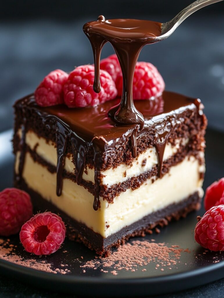 Close-up of a cheesecake slice with chocolate drizzle and raspberries