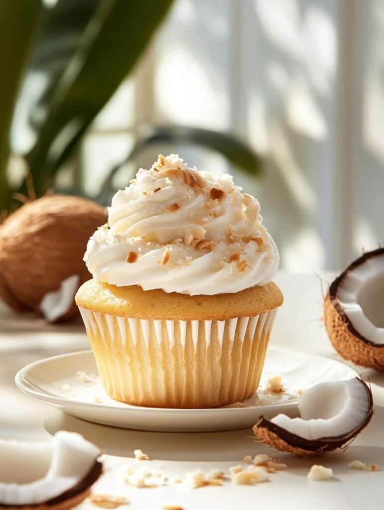 Coconut Cream Cupcake Surrounded by Fresh Coconut Halves