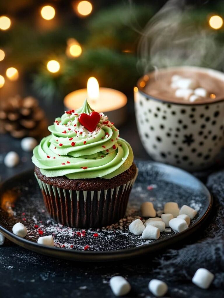 Cozy Grinch cupcake with hot chocolate and marshmallowsCozy Grinch cupcake with hot chocolate and marshmallows