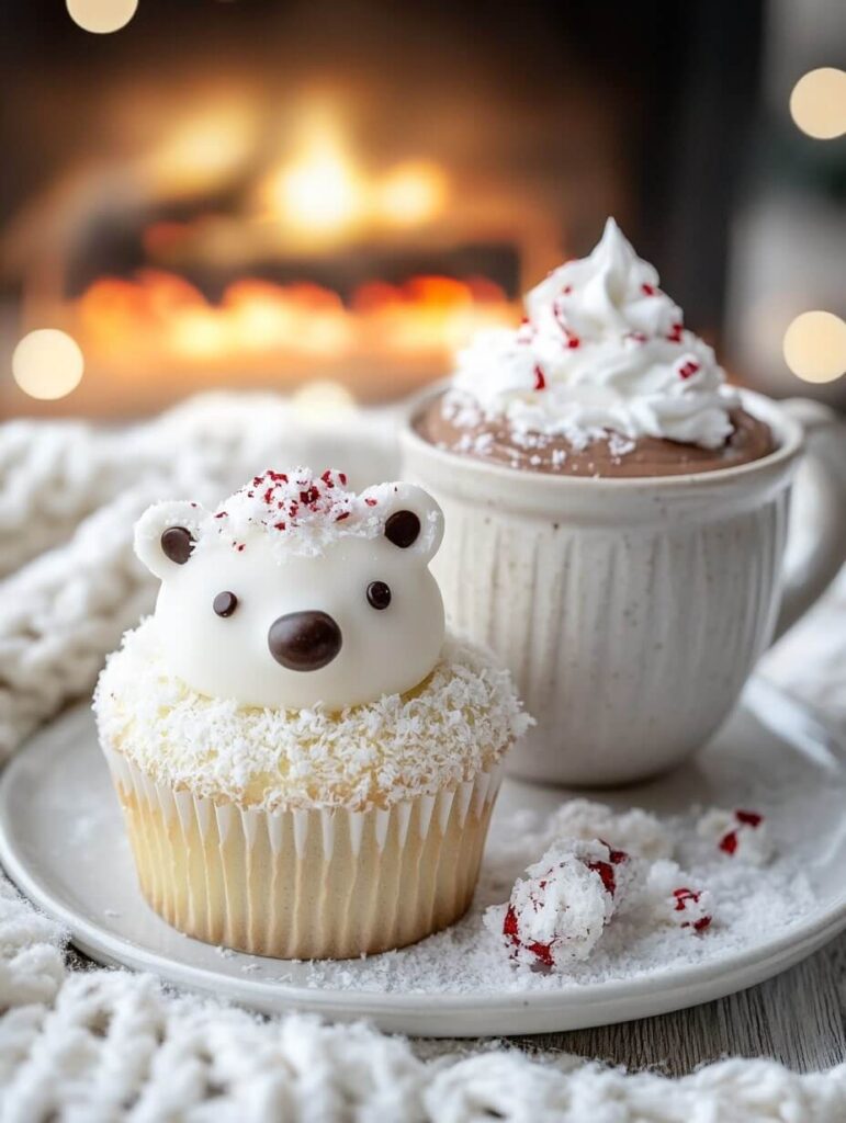 Cozy Polar Bear Cupcake with Hot Cocoa by the Fireplace