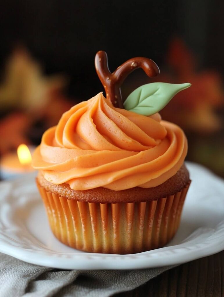 Cozy Pumpkin Cupcake with Pretzel Stem