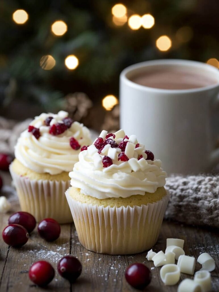 Cozy White Chocolate Cranberry Cupcakes with Hot Cocoa