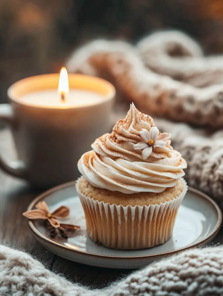 Cozy chai latte cupcake with a candlelit ambiance