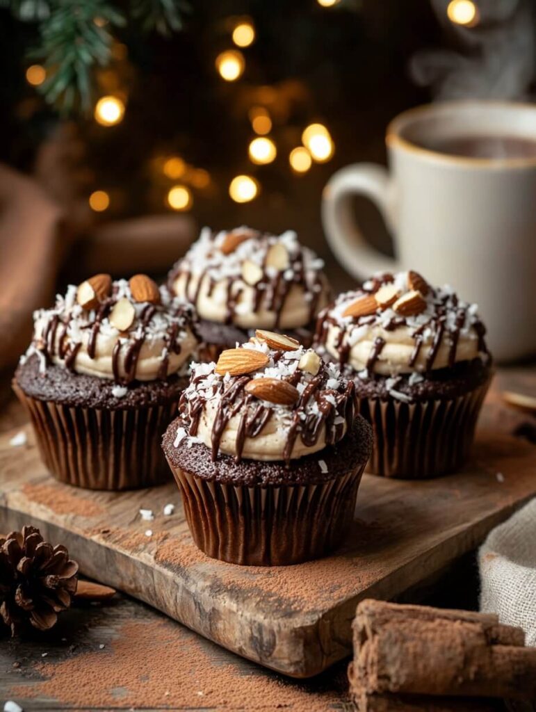 Cozy holiday setting with almond joy cupcakes and hot cocoa