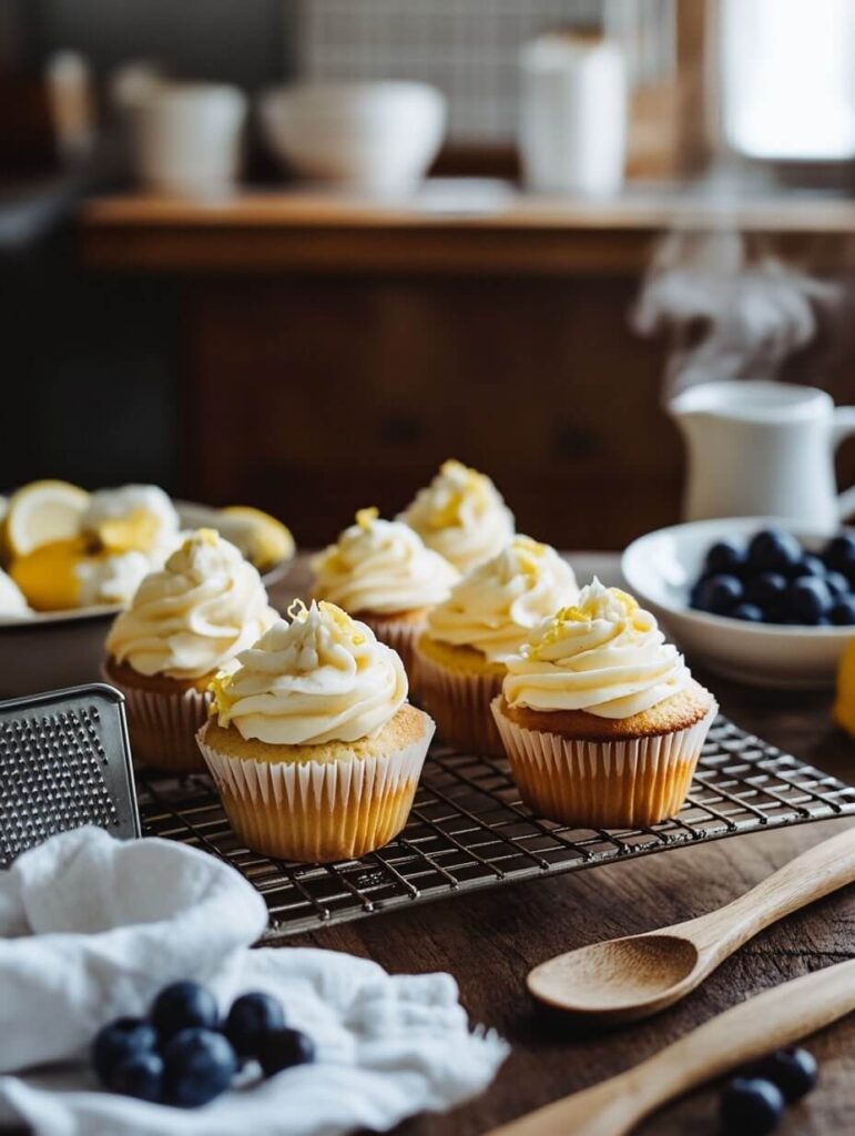 Cozy kitchen scene with freshly baked lemon blueberry cupcakes