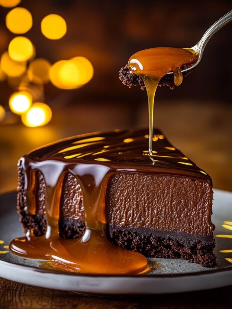 Dark Chocolate Cheesecake with Caramel Drizzle