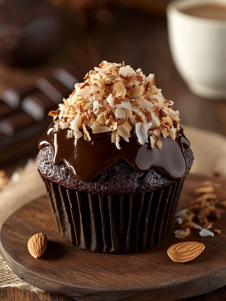 Dark chocolate almond joy cupcake with toasted coconut and almond garnish