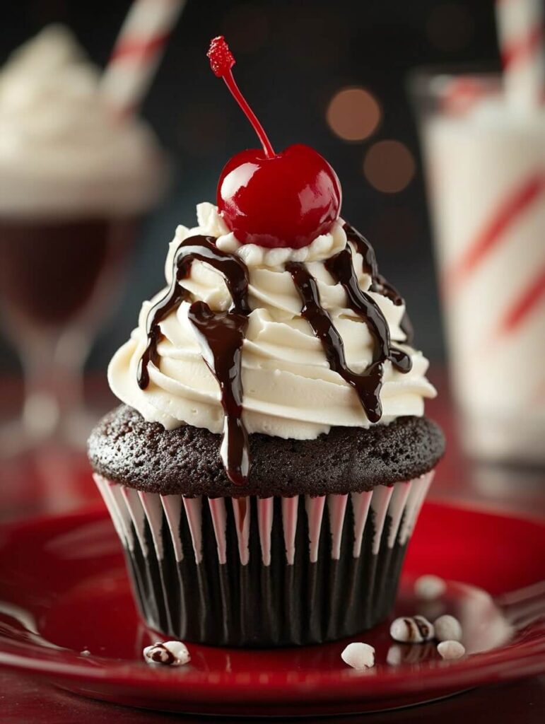 Decadent Black and White Cupcake with Cherry Top