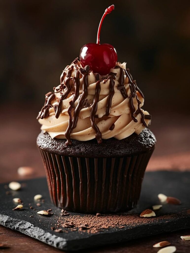 Decadent Chocolate Cupcake with Cherry and Chocolate Drizzle