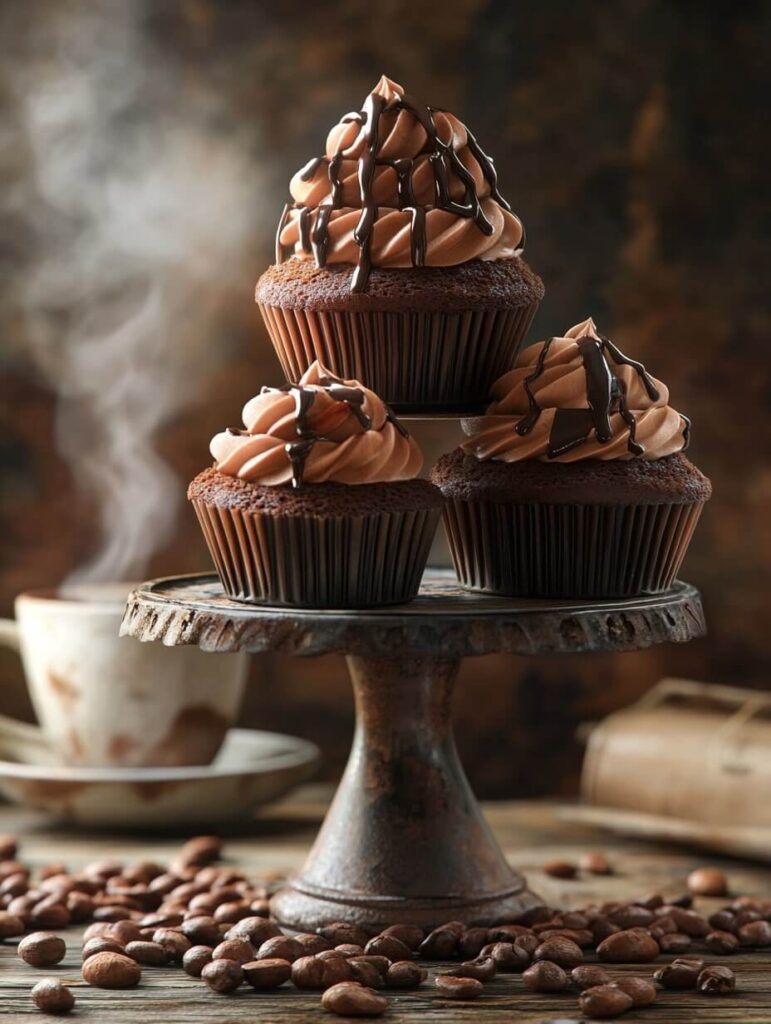 Decadent Chocolate Drizzle Cupcakes on a Rustic Stand