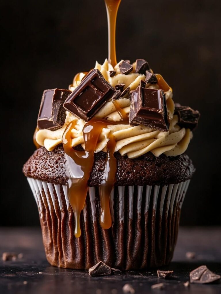 Decadent Chocolate and Caramel Cupcake with Dripping Caramel and Chocolate Chunks