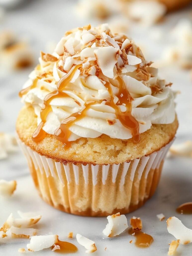 Decadent Coconut Cream Pie Cupcake with Caramel Drizzle