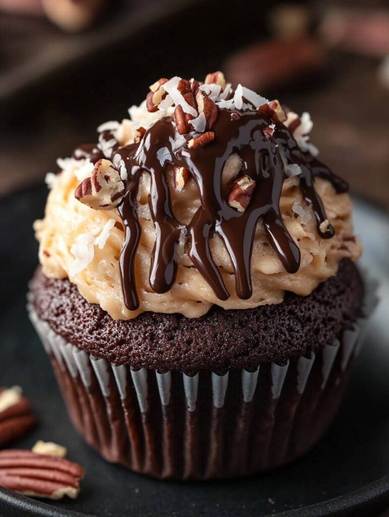 Decadent German Chocolate Cupcake with Drizzled Chocolate