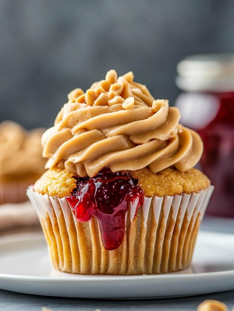 Decadent Peanut Butter and Jelly Filled Cupcake