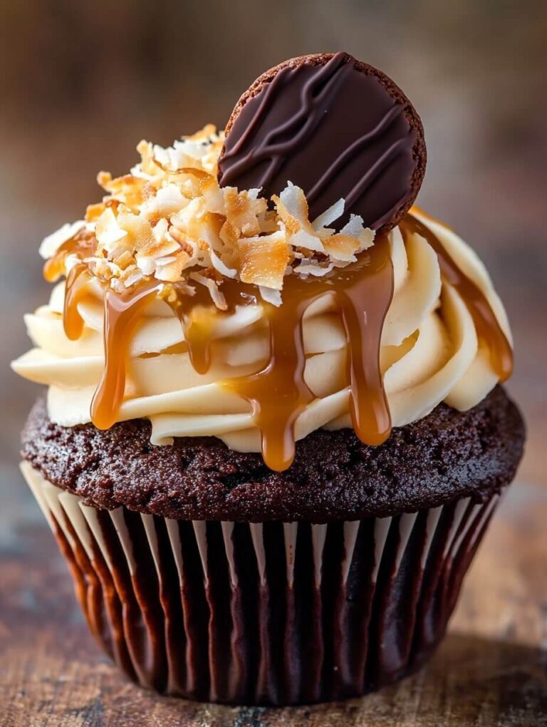 Decadent Samoa-inspired cupcake