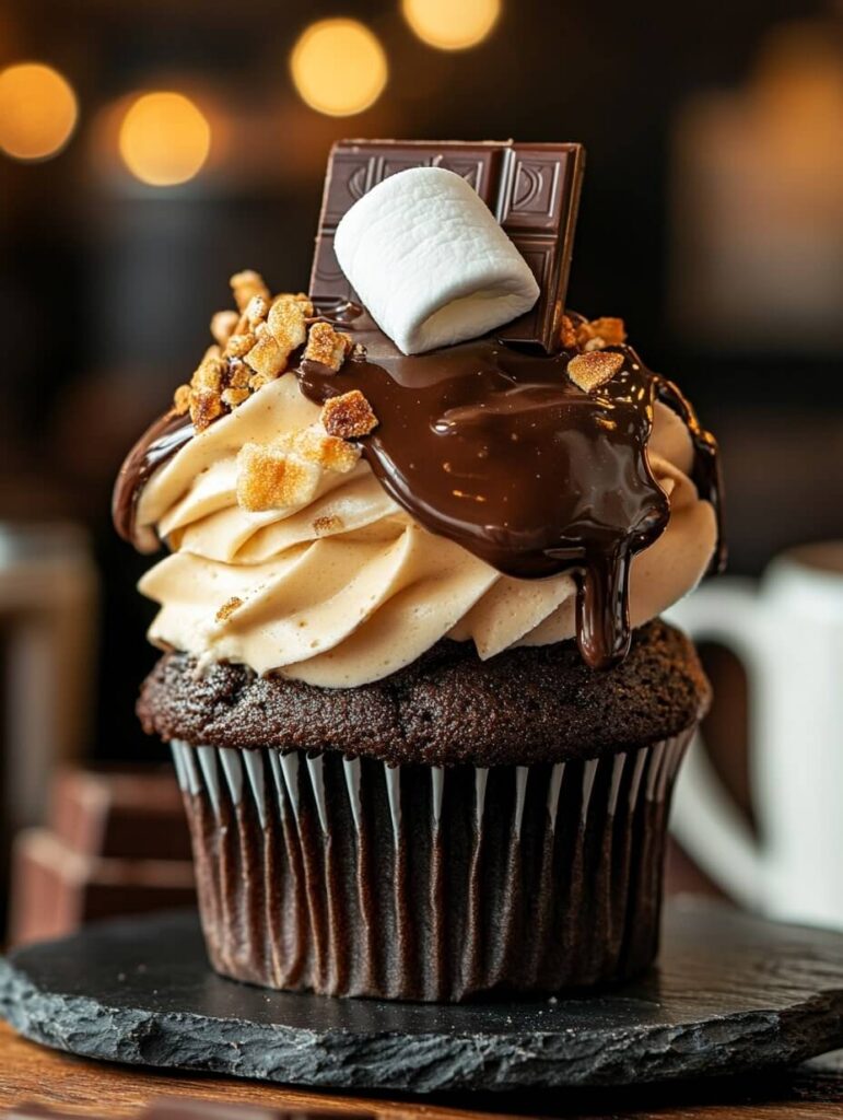 Decadent S'mores Cupcake with Melted Chocolate and Graham Crumbs