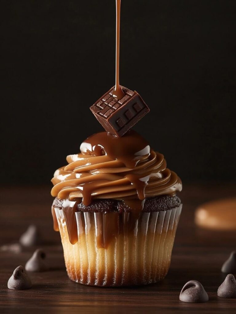 Decadent Twix Cupcake with Drizzled Caramel and Chocolate Square