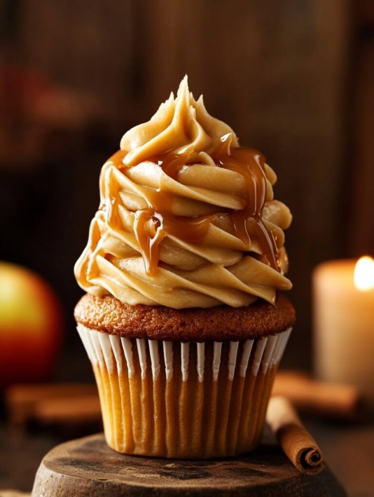 Decadent caramel-drizzled apple spice cupcake