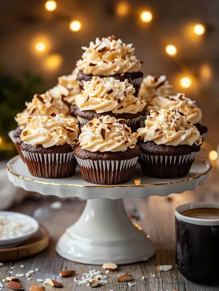 Decadent chocolate almond joy cupcakes topped with coconut and almonds