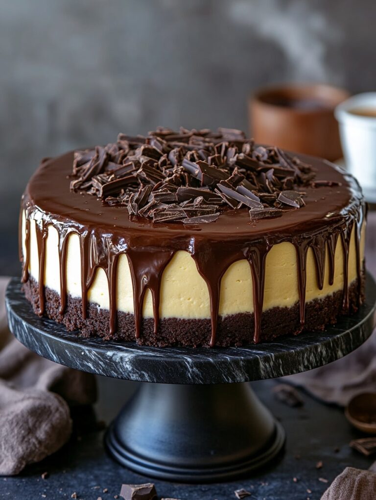 Decadent chocolate-covered cheesecake on a marble cake stand