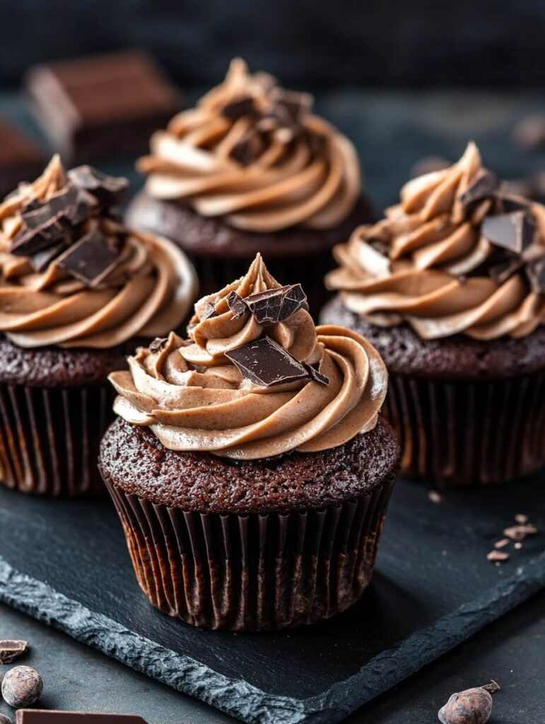 Decadent dark chocolate cupcakes with chocolate shavings