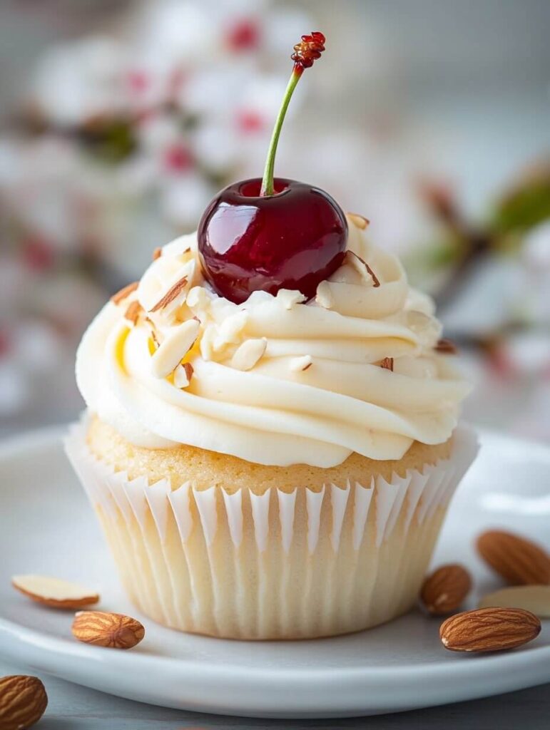 Delicate Cherry Almond Cupcake with Sliced Almonds