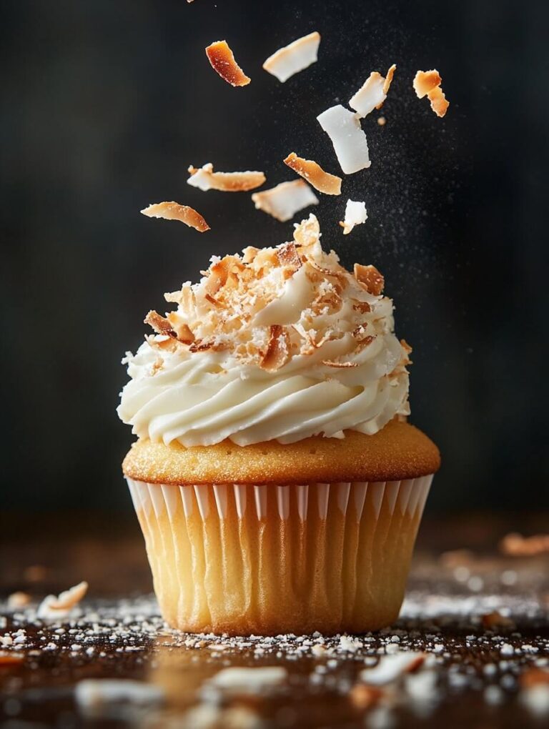 Dramatic Falling Coconut Flakes on a Fluffy Cupcake