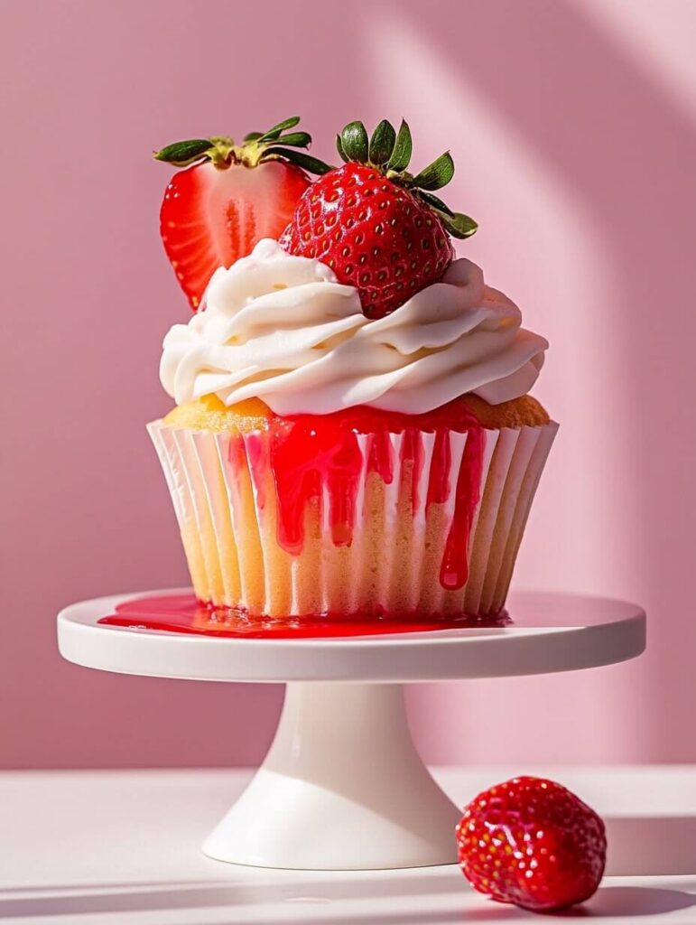 Dripping strawberry glaze cupcake on a cake stand