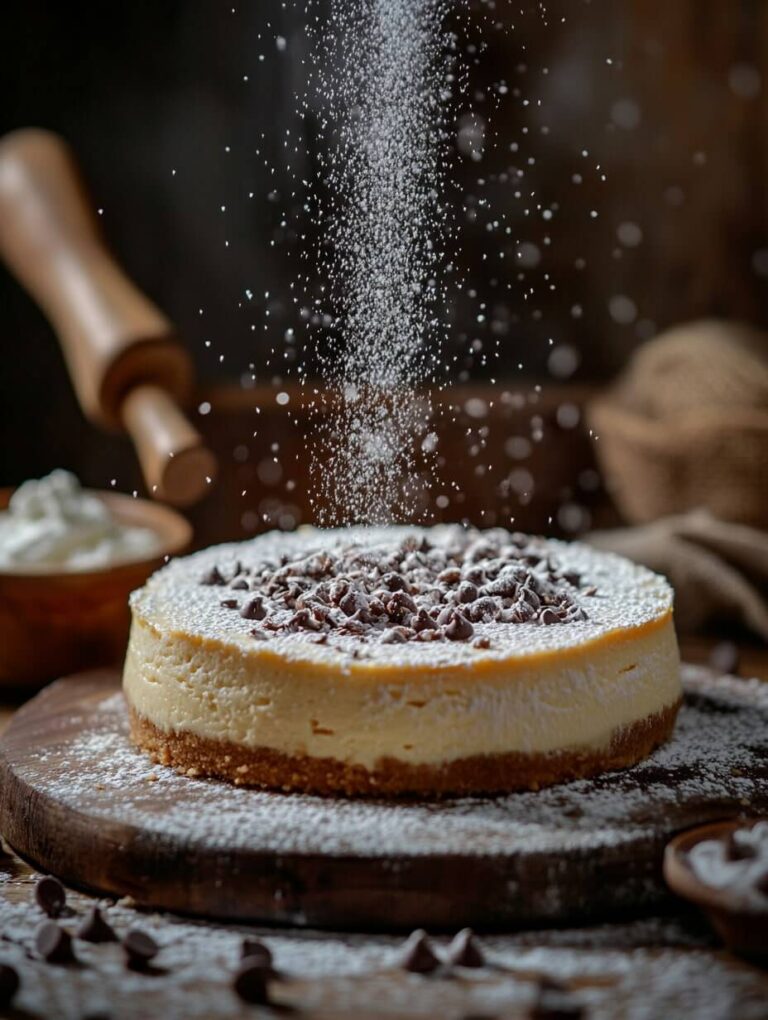 Dusting Sugar Over a Classic Cheesecake with Chocolate Chips