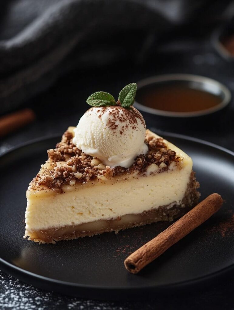 Elegant Apple Crumble Cheesecake with Ice Cream