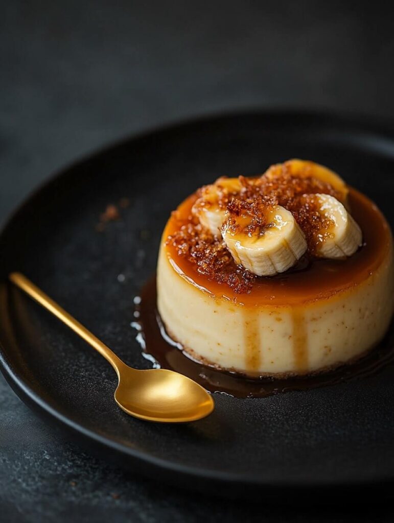 Elegant Caramel Banana Cheesecake with Golden Spoon