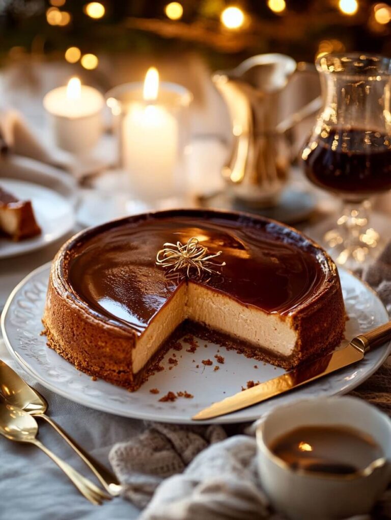 Elegant Caramel Glazed Cheesecake with Festive Ambience