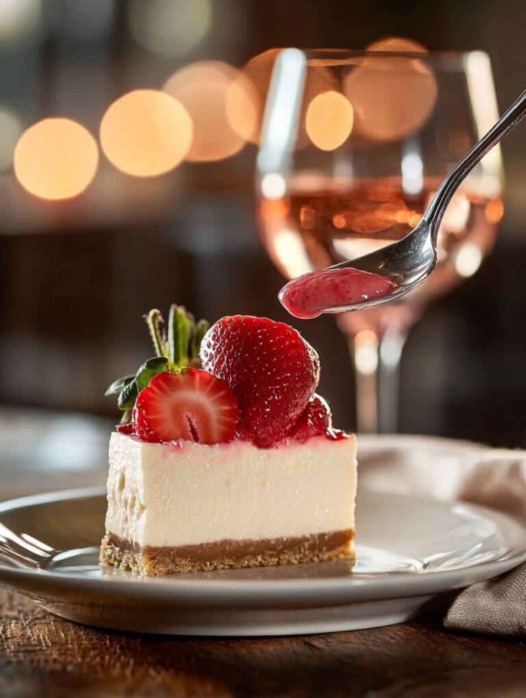 Elegant Cheesecake with Strawberry Sauce Drizzle