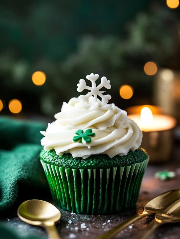 Elegant Green Velvet Cupcake with Snowflake Topper