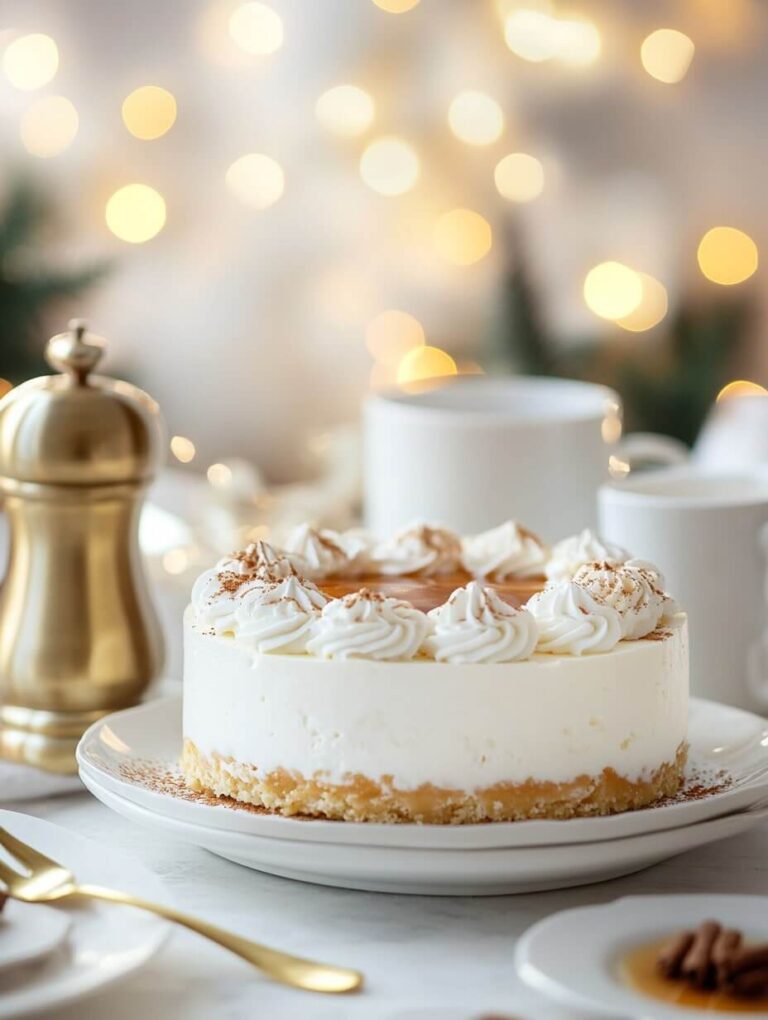 Elegant Holiday Cheesecake with Whipped Cream and Caramel