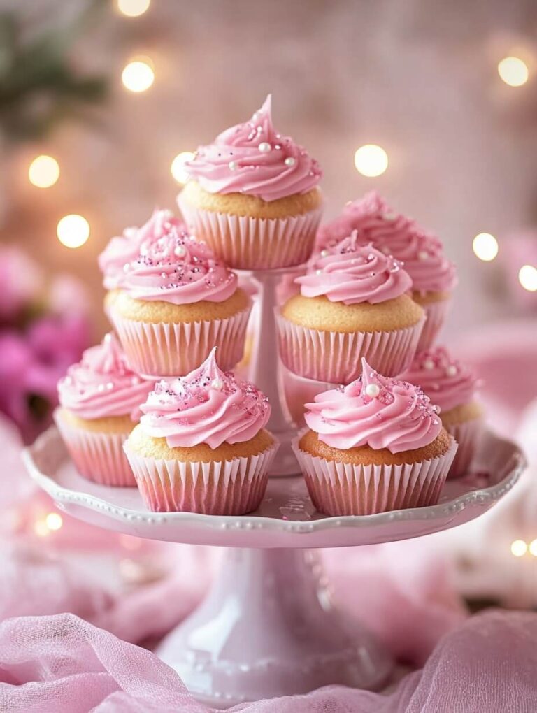 Elegant Pink Cupcake Tower with Pearls