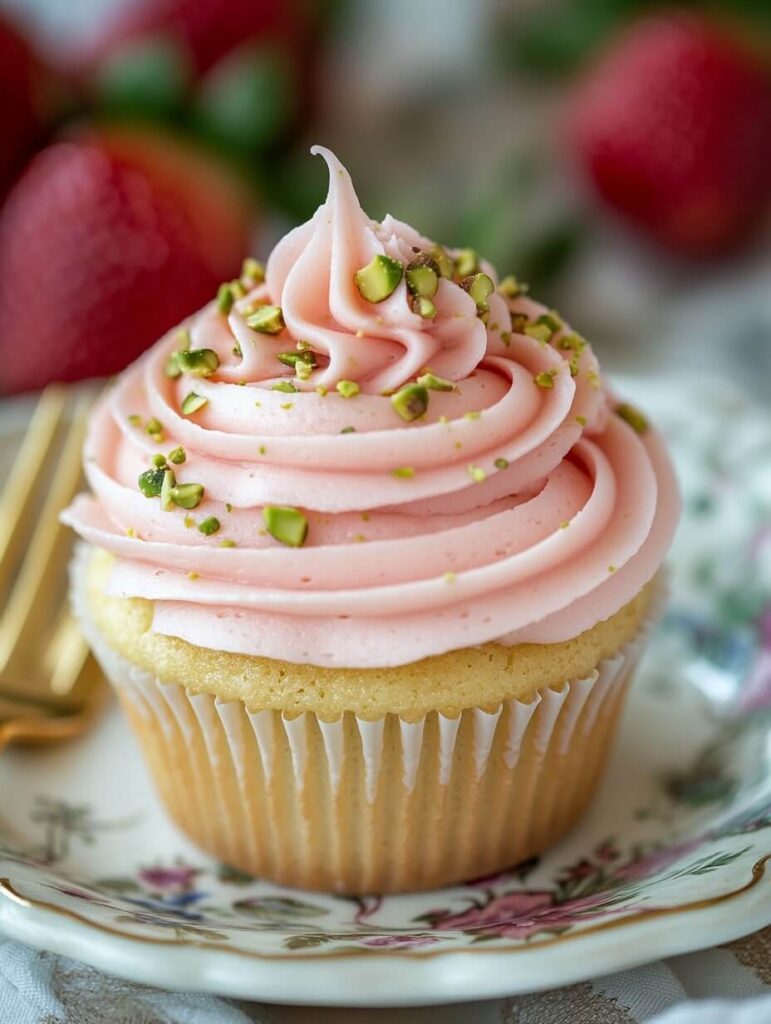 Elegant Strawberry Pistachio Cupcake on a Floral Plate