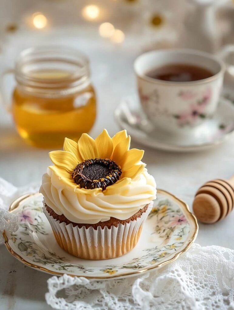 Elegant Tea-Time Sunflower Cupcake