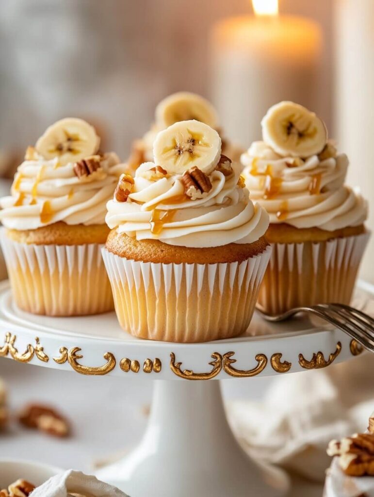 Elegant banana caramel cupcakes with pecan topping