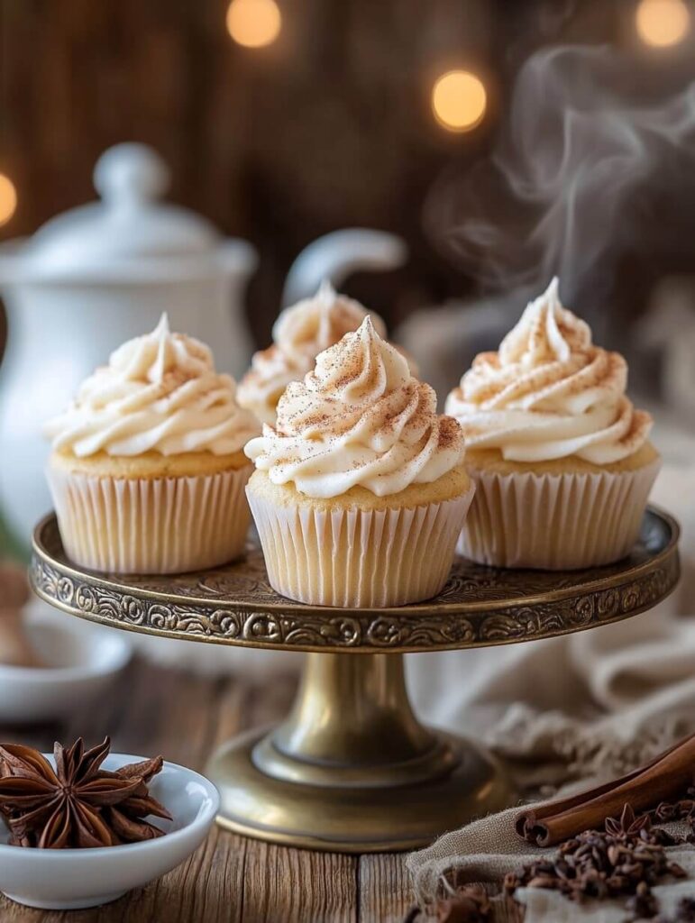 Elegant chai latte cupcakes on a vintage cake stand