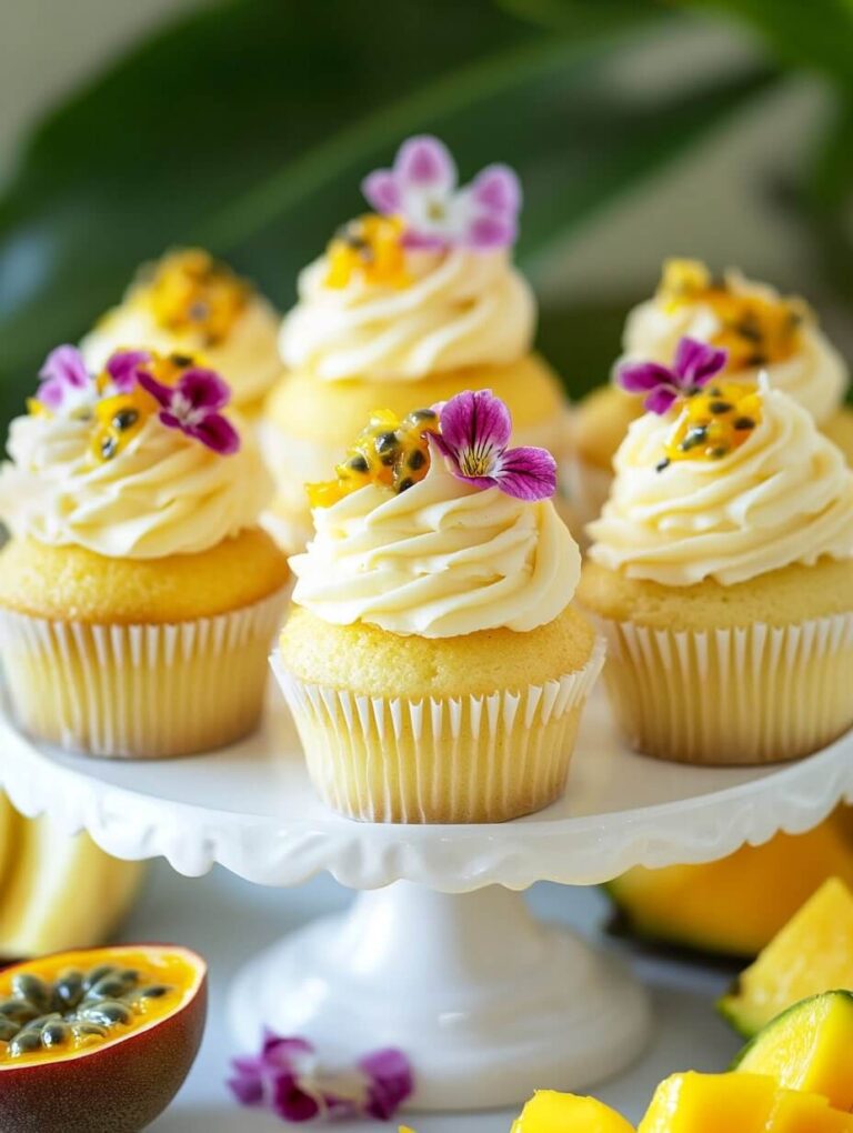 Elegant passion fruit cupcakes garnished with edible flowers