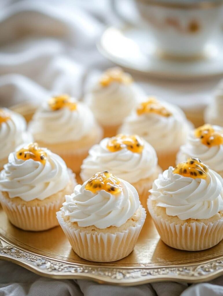 Elegant passion fruit pavlova cupcakes on a golden tray