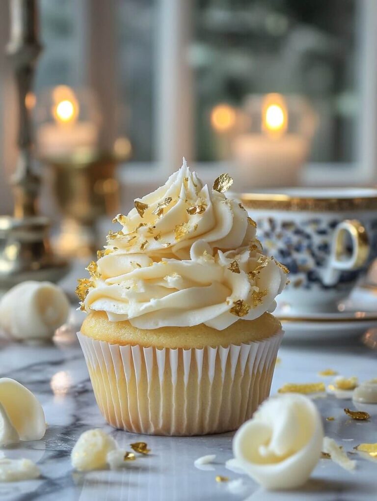 Elegant vanilla cupcake with gold leaf and white chocolate curls