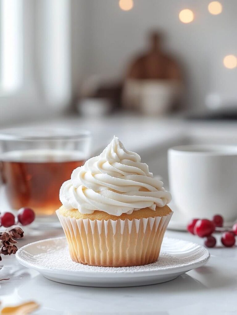 Elegant white vanilla cupcake with whipped frosting