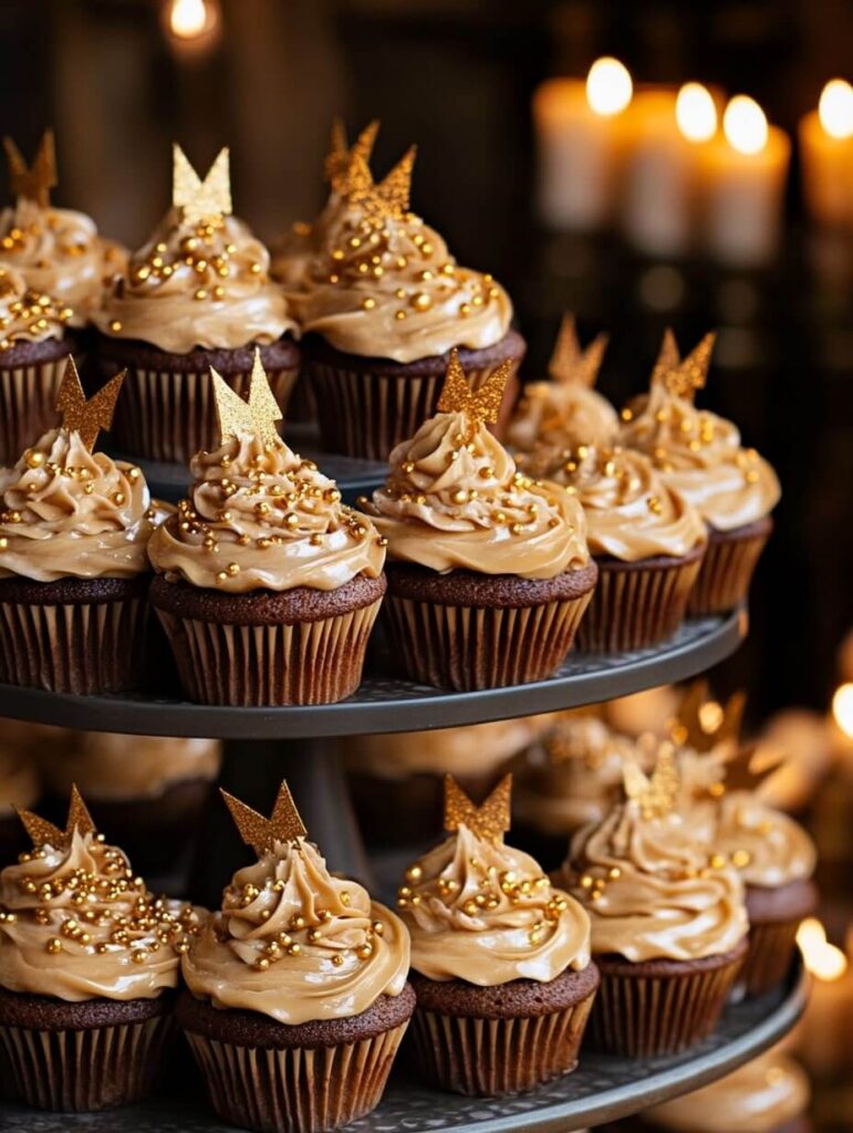 Enchanted Butterbeer Cupcakes on a Tiered Stand