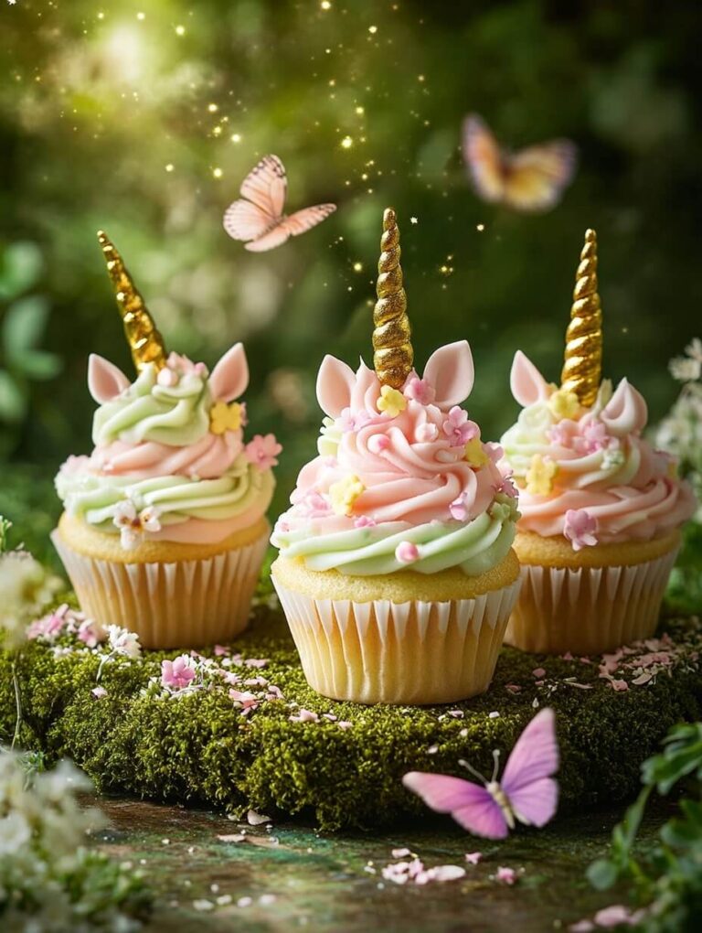 Enchanted Unicorn Cupcakes in a Forest Setting