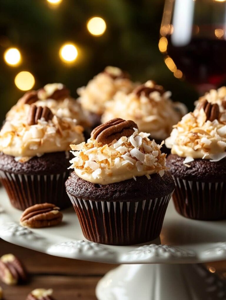 Festive German Chocolate Cupcakes with Toasted Coconut