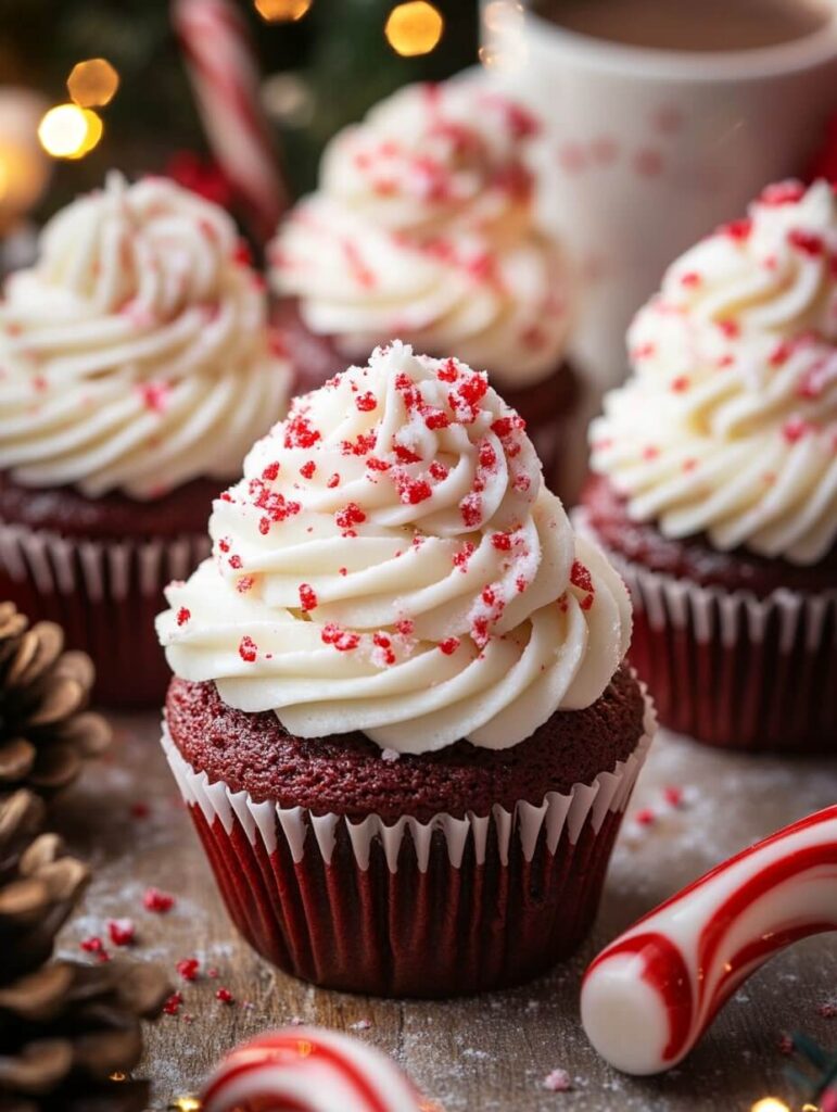 Festive Peppermint Red Velvet Cupcakes on a Holiday Table